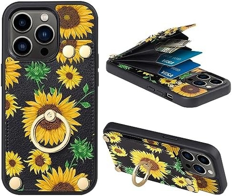 Kaarthouders met iPhone 13 Pro Max, 360° draaiende ringhouder, lederen kaart slot hoesje, RFID schokbestendige hoes,
