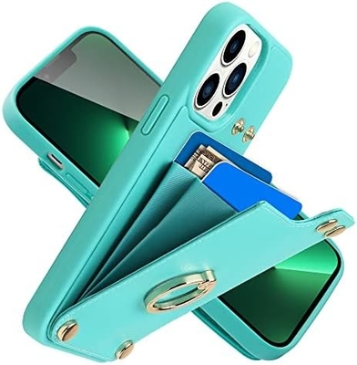 Kaarthouders met iPhone 13 Pro Max, 360° draaiende ringhouder, lederen kaart slot hoesje, RFID schokbestendige hoes,