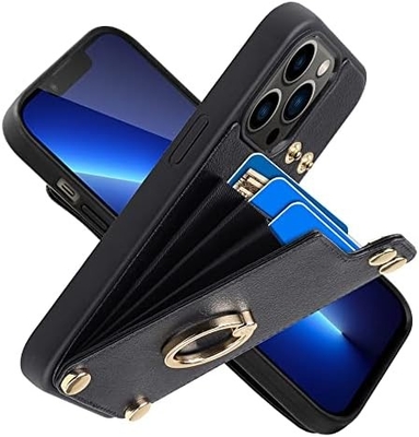 Kaarthouders met iPhone 13 Pro Max, 360° draaiende ringhouder, lederen kaart slot hoesje, RFID schokbestendige hoes,
