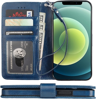 Compatibel met iPhone 12/Pro portefeuillehoesje met kaarthouder PU lederen standaard schokbestendig polsband clamshell 6,1 inch