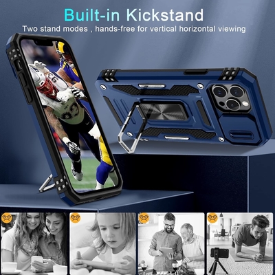 iPhone 12 Pro Max met Slide Camera Cover+Screen Protector ((1 Pack), Rotated Ring Kickstand Militaire graad schokbestendig