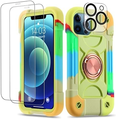 iPhone 12 Pro Max Case 6.7&quot; - Schokbestendig, ringstand, glasscherm en camera-lensbeschermer (Rainbow Pink)