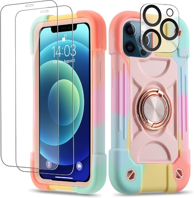 iPhone 12 Pro Max Case 6.7&quot; - Schokbestendig, ringstand, glasscherm en camera-lensbeschermer (Rainbow Pink)