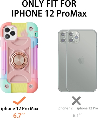 iPhone 12 Pro Max Case 6.7&quot; - Schokbestendig, ringstand, glasscherm en camera-lensbeschermer (Rainbow Pink)
