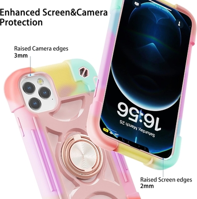 iPhone 12 Pro Max Case 6.7&quot; - Schokbestendig, ringstand, glasscherm en camera-lensbeschermer (Rainbow Pink)