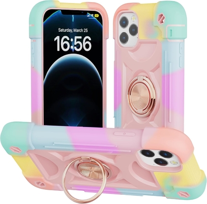 iPhone 12 Pro Max Case 6.7&quot; - Schokbestendig, ringstand, glasscherm en camera-lensbeschermer (Rainbow Pink)