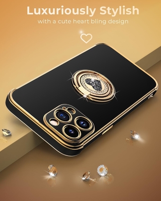 iPhone 12 Pro Max Hoesje met stand, telefoonhoesje met dubbele ring Kickstand, vrouwen meisjes Bling Luxe beschermende hoesje horen