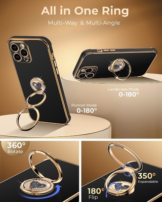 iPhone 12 Pro Max Hoesje met stand, telefoonhoesje met dubbele ring Kickstand, vrouwen meisjes Bling Luxe beschermende hoesje horen