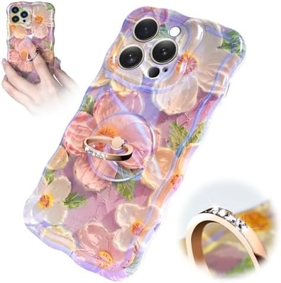 iPhone 12 Pro Max behuizing Ring, olieverf bloem Kleurrijke retro bloem schattig krullend golf frame Vrouwen meisje telefoon behuizing