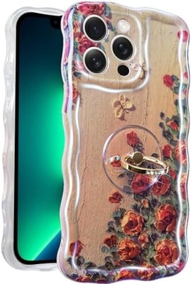 iPhone 12 Pro Max behuizing Ring, olieverf bloem Kleurrijke retro bloem schattig krullend golf frame Vrouwen meisje telefoon behuizing
