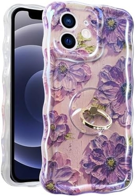 iPhone 12 Pro Max behuizing Ring, olieverf bloem Kleurrijke retro bloem schattig krullend golf frame Vrouwen meisje telefoon behuizing