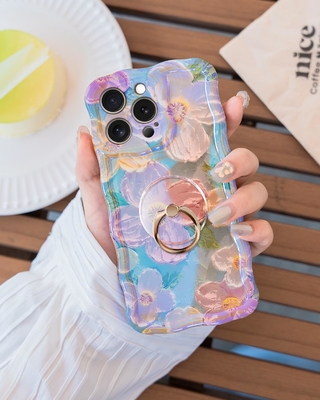 iPhone 12 Pro Max behuizing Ring, olieverf bloem Kleurrijke retro bloem schattig krullend golf frame Vrouwen meisje telefoon behuizing