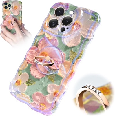 iPhone 12 Pro Max behuizing Ring, olieverf bloem Kleurrijke retro bloem schattig krullend golf frame Vrouwen meisje telefoon behuizing