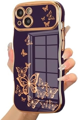 iPhone 13 meisjeshoesje, krullend golfframe, luxe overtrokken vlinderpatroon, TPU gouden rand schokbestendig lensbescherming