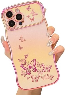 iPhone 13 meisjeshoesje, krullend golfframe, luxe overtrokken vlinderpatroon, TPU gouden rand schokbestendig lensbescherming