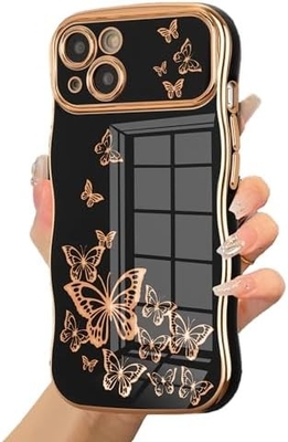 iPhone 13 meisjeshoesje, krullend golfframe, luxe overtrokken vlinderpatroon, TPU gouden rand schokbestendig lensbescherming