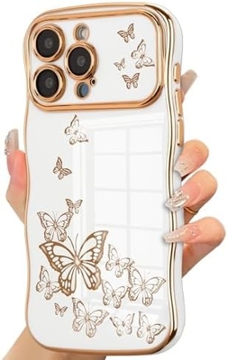 iPhone 13 meisjeshoesje, krullend golfframe, luxe overtrokken vlinderpatroon, TPU gouden rand schokbestendig lensbescherming