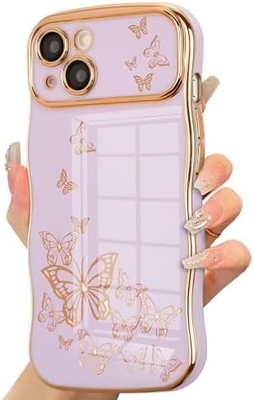 iPhone 13 meisjeshoesje, krullend golfframe, luxe overtrokken vlinderpatroon, TPU gouden rand schokbestendig lensbescherming