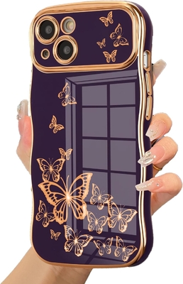 iPhone 13 meisjeshoesje, krullend golfframe, luxe overtrokken vlinderpatroon, TPU gouden rand schokbestendig lensbescherming