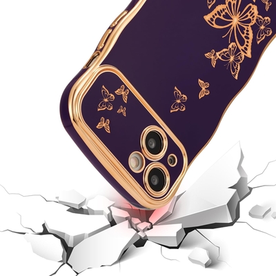 iPhone 13 meisjeshoesje, krullend golfframe, luxe overtrokken vlinderpatroon, TPU gouden rand schokbestendig lensbescherming