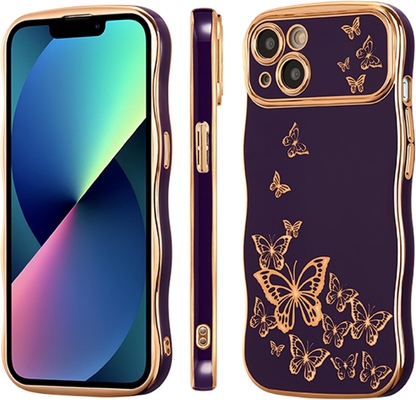 iPhone 13 meisjeshoesje, krullend golfframe, luxe overtrokken vlinderpatroon, TPU gouden rand schokbestendig lensbescherming