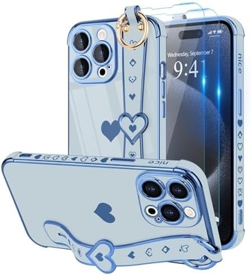 iPhone 12 Pro Cute Love-Heart Plating Strap Phone Cover voor vrouwen meisjes Bling Silicone Camera Lens Protection Bumper