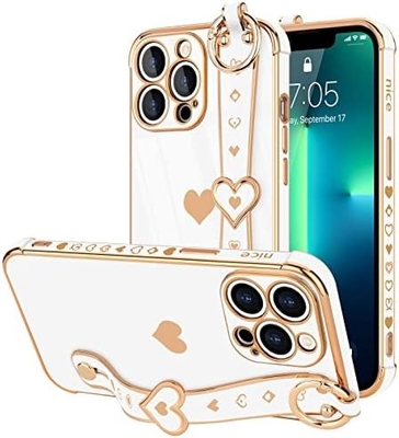 iPhone 12 Pro Cute Love-Heart Plating Strap Phone Cover voor vrouwen meisjes Bling Silicone Camera Lens Protection Bumper