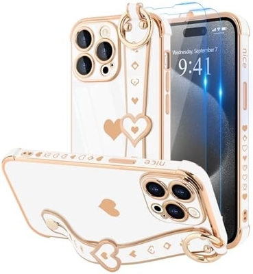 iPhone 12 Pro Cute Love-Heart Plating Strap Phone Cover voor vrouwen meisjes Bling Silicone Camera Lens Protection Bumper