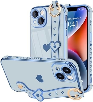 iPhone 12 Pro Cute Love-Heart Plating Strap Phone Cover voor vrouwen meisjes Bling Silicone Camera Lens Protection Bumper