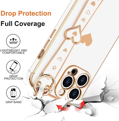 iPhone 12 Pro Cute Love-Heart Plating Strap Phone Cover voor vrouwen meisjes Bling Silicone Camera Lens Protection Bumper