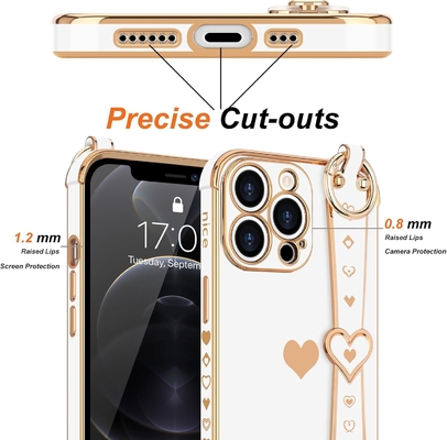 iPhone 12 Pro Cute Love-Heart Plating Strap Phone Cover voor vrouwen meisjes Bling Silicone Camera Lens Protection Bumper