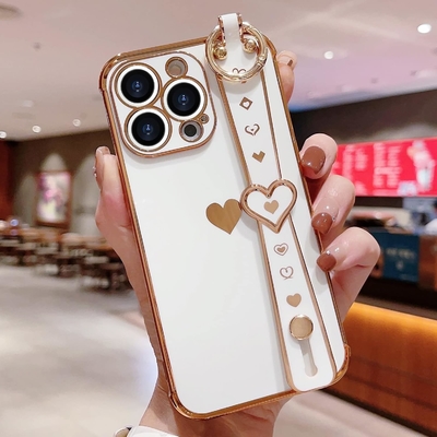 iPhone 12 Pro Cute Love-Heart Plating Strap Phone Cover voor vrouwen meisjes Bling Silicone Camera Lens Protection Bumper