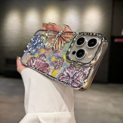 iPhone 12 Pro Max Hoesje 6.7 inch,Clear 3D Flower Phone Hoesje voor Vrouwen Meisjes Luxe Plating Floral Hoesje Cover Esthetisch