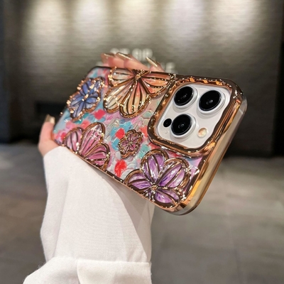 iPhone 12 Pro Max Hoesje 6.7 inch,Clear 3D Flower Phone Hoesje voor Vrouwen Meisjes Luxe Plating Floral Hoesje Cover Esthetisch