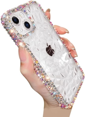 Deluxe Crystal Diamond Pattern Camera Lens Protection Transparent Soft Shockproof Cover Telefoonhoes (blauw, iPhone 13 Pro