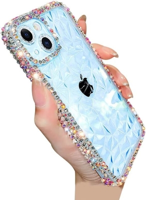 Deluxe Crystal Diamond Pattern Camera Lens Protection Transparent Soft Shockproof Cover Telefoonhoes (blauw, iPhone 13 Pro