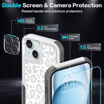 [5 in 1 voor iphone 15 Plus Hoesje, met 2 Pack Screen Protector + 2 Pack Camera Lens Protector, Heavy-Duty Tough Robust