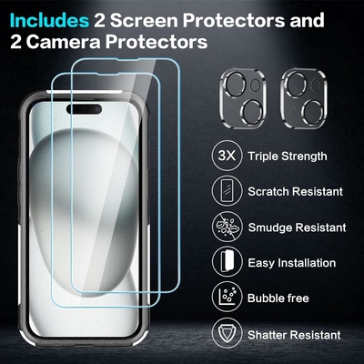 [5 in 1 voor iphone 15 Plus Hoesje, met 2 Pack Screen Protector + 2 Pack Camera Lens Protector, Heavy-Duty Tough Robust