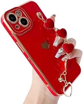 voor iPhone 12 Pro Max Hoesje,Smooth Plating Love Heart Wrist Strap Chain Bracelet Soft Compatible met