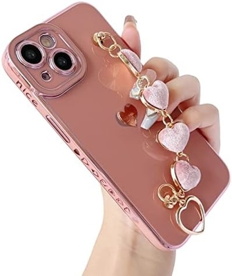 voor iPhone 12 Pro Max Hoesje,Smooth Plating Love Heart Wrist Strap Chain Bracelet Soft Compatible met