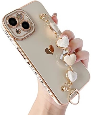 voor iPhone 12 Pro Max Hoesje,Smooth Plating Love Heart Wrist Strap Chain Bracelet Soft Compatible met