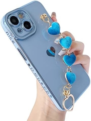 voor iPhone 12 Pro Max Hoesje,Smooth Plating Love Heart Wrist Strap Chain Bracelet Soft Compatible met