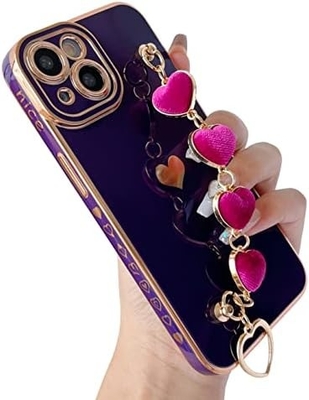 voor iPhone 12 Pro Max Hoesje,Smooth Plating Love Heart Wrist Strap Chain Bracelet Soft Compatible met