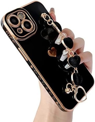 voor iPhone 12 Pro Max Hoesje,Smooth Plating Love Heart Wrist Strap Chain Bracelet Soft Compatible met