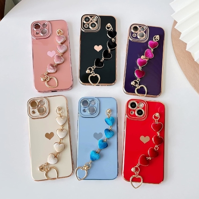 voor iPhone 12 Pro Max Hoesje,Smooth Plating Love Heart Wrist Strap Chain Bracelet Soft Compatible met