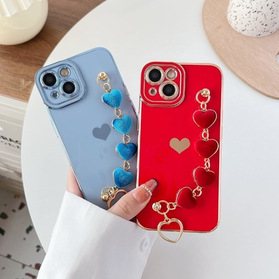 voor iPhone 12 Pro Max Hoesje,Smooth Plating Love Heart Wrist Strap Chain Bracelet Soft Compatible met