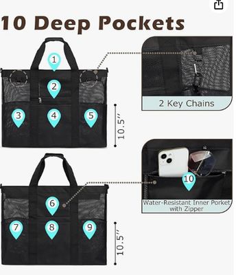 Gaasnet strandtas, grote strandtas, met ritsvakken, geschikt voor familietassen voor het zwembad, essentieel voor speelgoed en vakanties