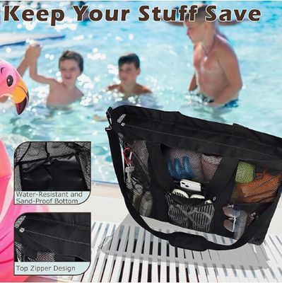 Gaasnet strandtas, grote strandtas, met ritsvakken, geschikt voor familietassen voor het zwembad, essentieel voor speelgoed en vakanties