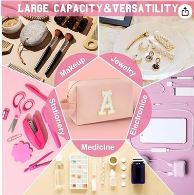 Gepersonaliseerde Make-uptas met Initialen en Handvat, Preppy Cosmetische Tas met Binnenvak met Ritssluiting, 8 9 10 11 12 13 14 Jaar Oude Meisjes, Afstudeercadeaus voor Tiener Meisjes Vrouwen Leerkrachten