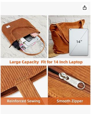 KALIDI Vrouwen Corduroy Tote Bag Zipper Casual Tote's Handtas Grote capaciteit Schoudertas met zakken